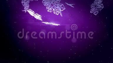 装饰3d雪花在紫色背景上在空中飞舞.. 用作圣诞、新年贺卡或冬季动画